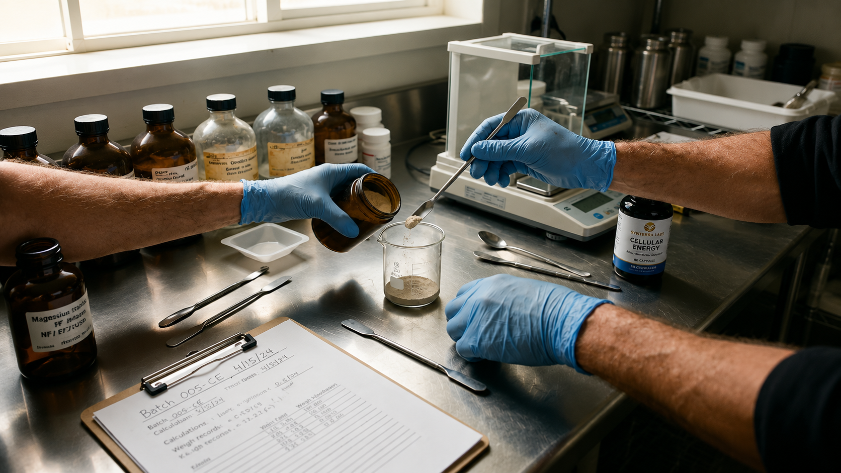 Laboratoriumcontrole van een voedingssupplement op kwaliteit en zuiverheid.