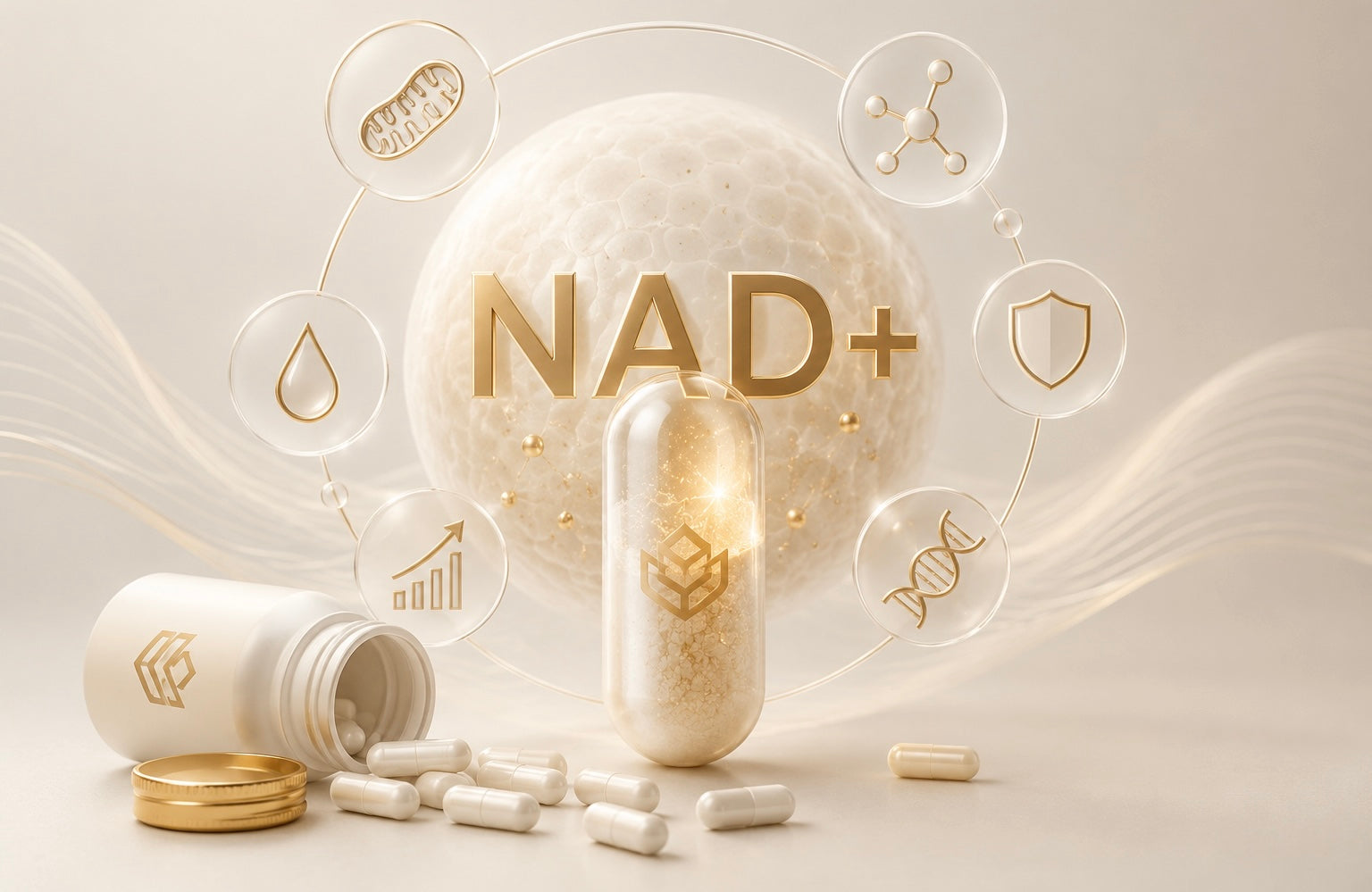 NAD+ als illustratie van cellulaire energie en gezond ouder worden.