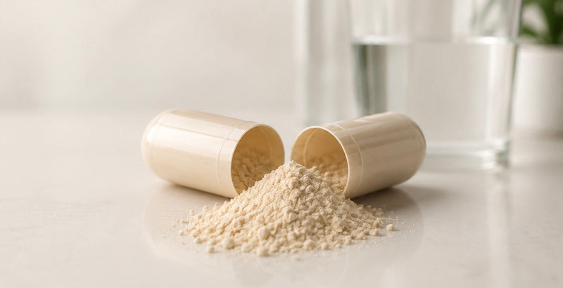 Open capsule met supplementpoeder die biologische beschikbaarheid illustreert.