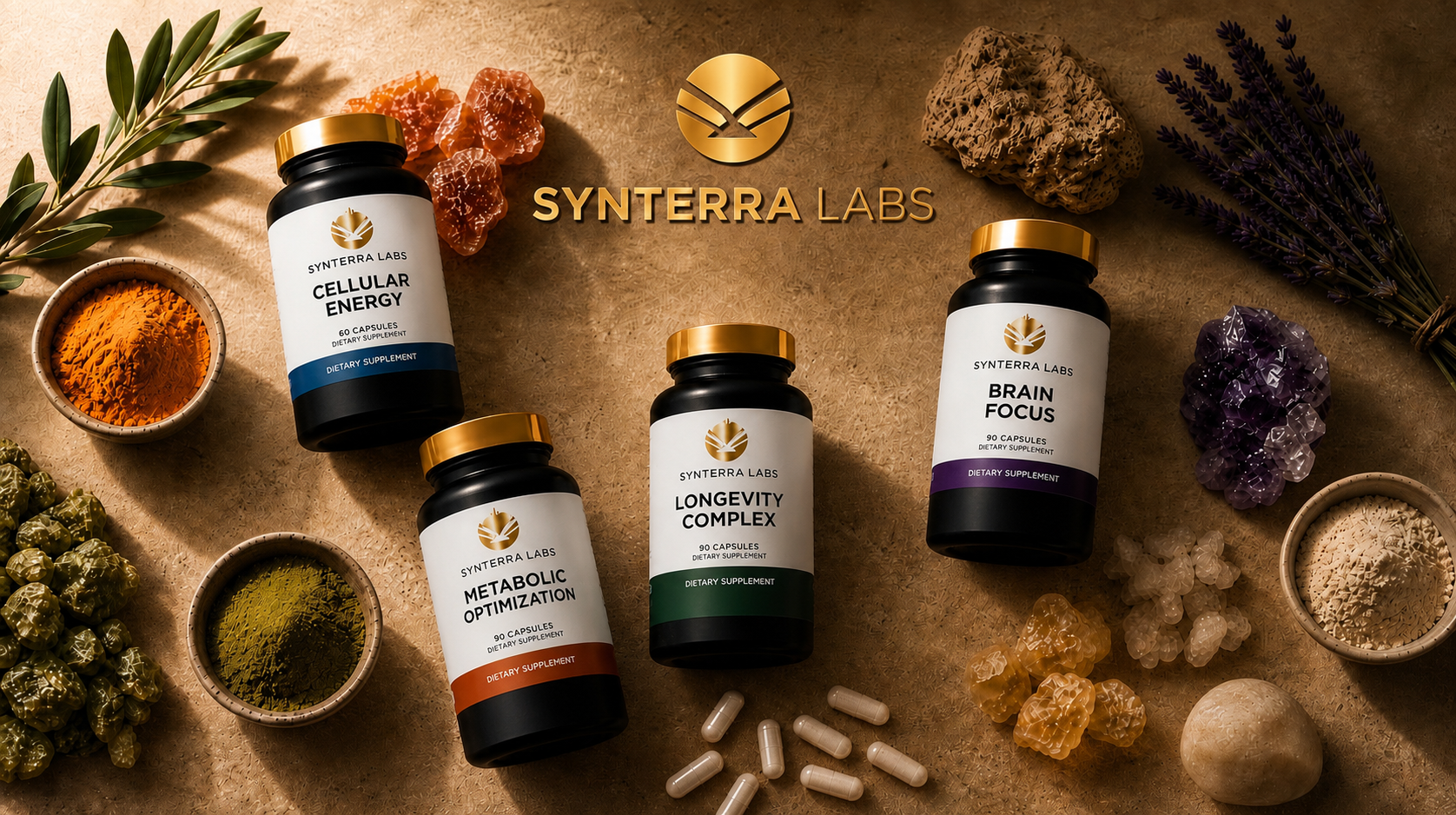 Vier Synterra Labs supplementen als keuzehulp voor energie, focus, metabolisme en longevity.