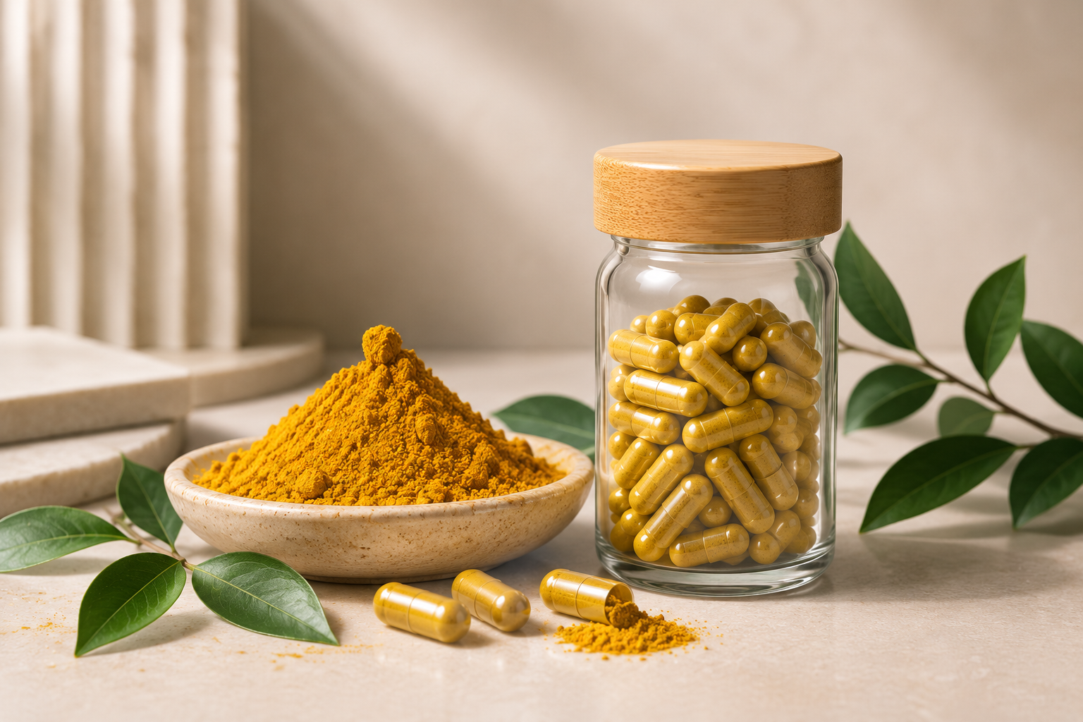 Berberinecapsules en berberinepoeder als illustratie van metabolische gezondheid.
