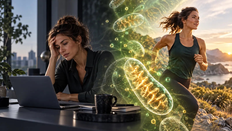 Vermoeide vrouw achter laptop tegenover actieve vrouw tijdens het hardlopen, met mitochondriën als symbool voor cellulaire energie
