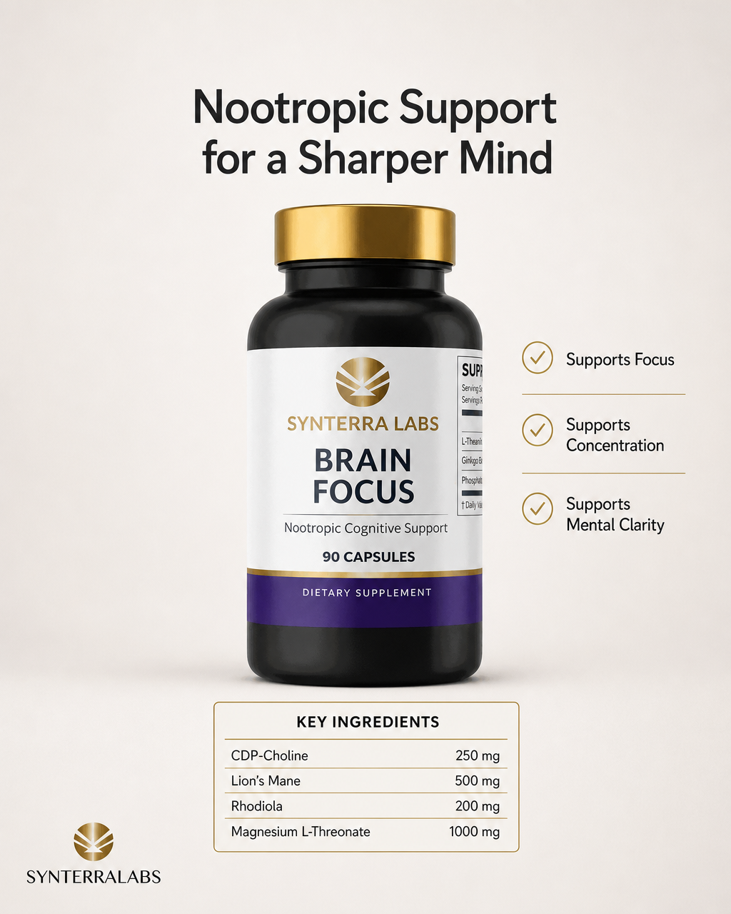 Brain Focus met citicoline, Lion’s Mane, Rhodiola en magnesium L-threonaat