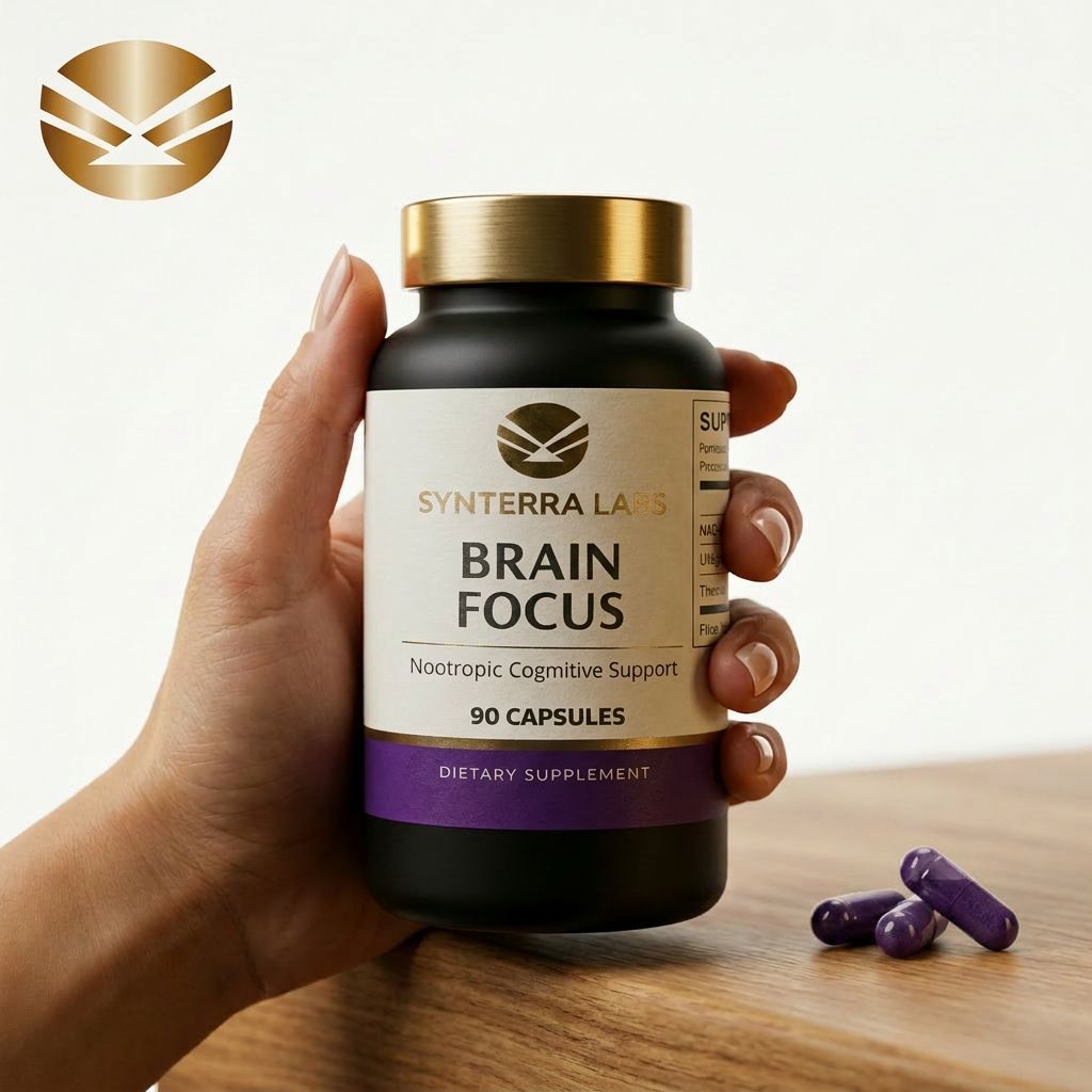 Brain Focus supplement van Synterra Labs in de hand met paarse capsules