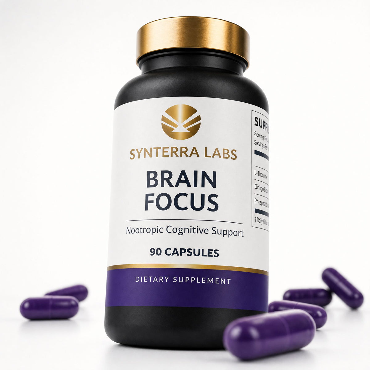 Brain Focus supplement met paarse capsules van Synterra Labs