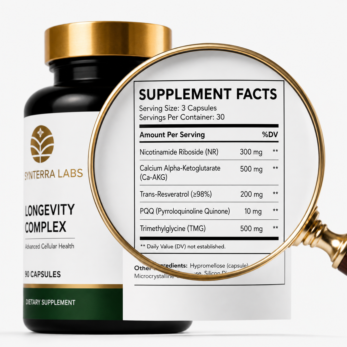 Ingrediënten en dosering van Longevity Complex met NR, Ca-AKG, resveratrol, PQQ en TMG