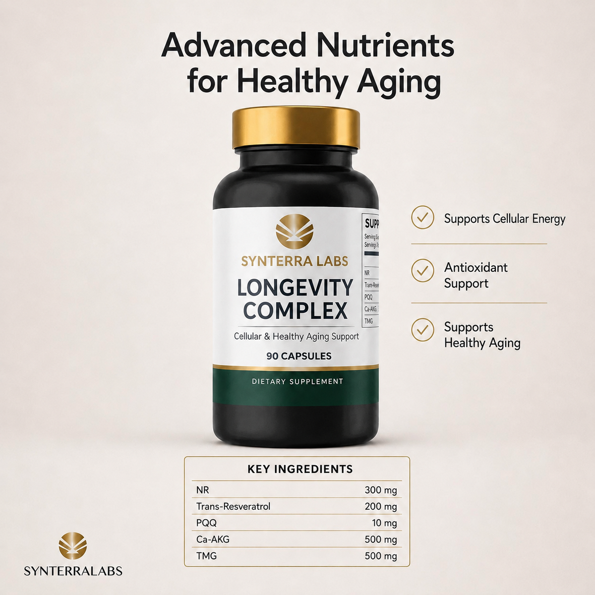 Longevity Complex met NR, resveratrol, PQQ, Ca-AKG en TMG